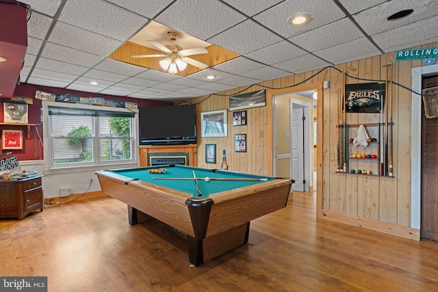 3618 Creamery Rd, Bensalem, PA 19020 - playroom featuring wood walls, wood finished floors, baseboards, billiards, and a ceiling fan