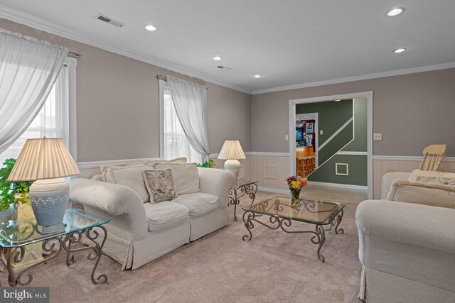 3618 Creamery Rd, Bensalem, PA 19020 - living room featuring recessed lighting, a wainscoted wall, crown molding, and carpet flooring