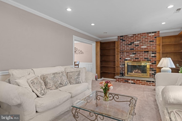 3618 Creamery Rd, Bensalem, PA 19020 - living room with recessed lighting, ornamental molding, a fireplace, carpet flooring, and wainscoting