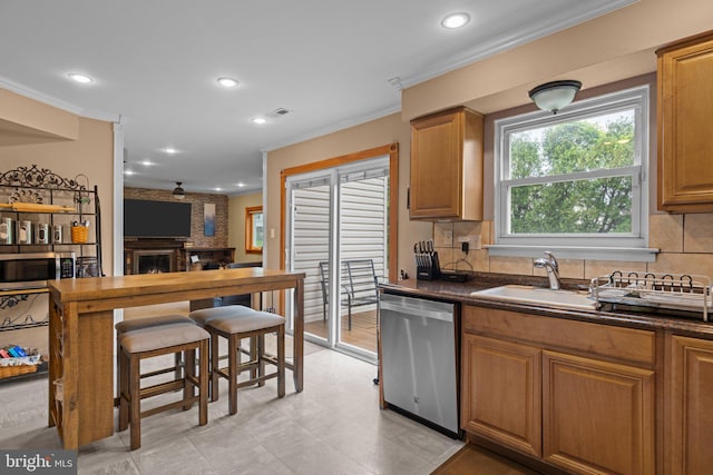 3618 Creamery Rd, Bensalem, PA 19020 - kitchen with appliances with stainless steel finishes, recessed lighting, dark countertops, backsplash, and crown molding