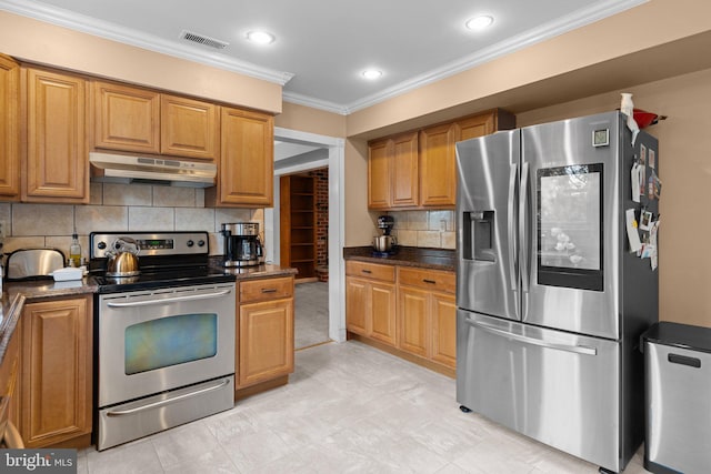 3618 Creamery Rd, Bensalem, PA 19020 - kitchen featuring appliances with stainless steel finishes, under cabinet range hood, crown molding, tasteful backsplash, and brown cabinets