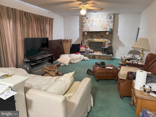 801 Irenic Ct, Norristown, PA 19403 - carpeted living area with ceiling fan and a stone fireplace