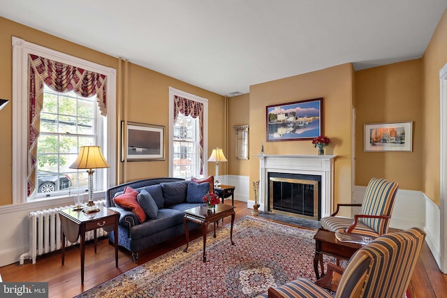 55 The Strand, New Castle, DE 19720 - living room featuring hardwood / wood-style flooring, a fireplace with flush hearth, and radiator heating unit