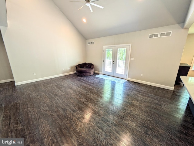 130 Corktree Rd, Kunkletown, PA 18058 - unfurnished living room featuring a ceiling fan, french doors, wood finished floors, baseboards, and high vaulted ceiling