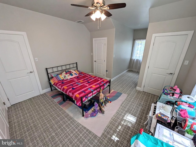 130 Corktree Rd, Kunkletown, PA 18058 - bedroom featuring baseboards, carpet flooring, vaulted ceiling, and a ceiling fan