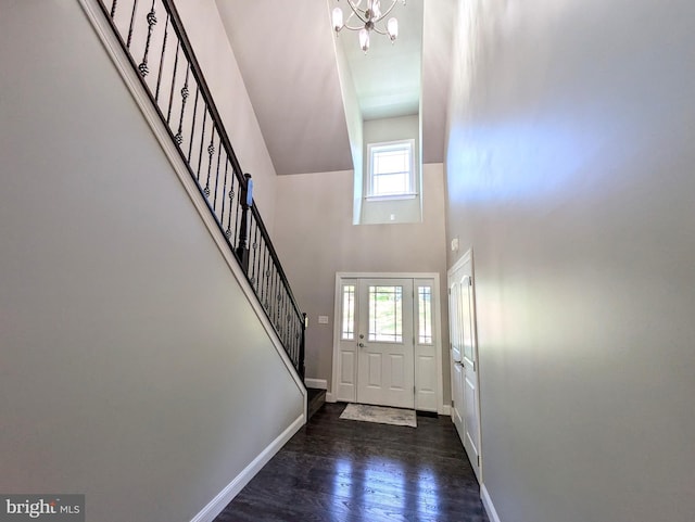 130 Corktree Rd, Kunkletown, PA 18058 - foyer with a chandelier, stairs, a high ceiling, baseboards, and wood finished floors