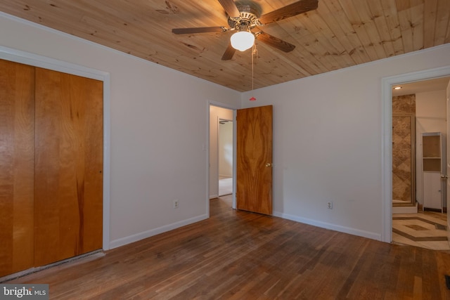 22 Meadow Creek Dr, Newport News, VA 23608 - unfurnished bedroom with wood finished floors, baseboards, ensuite bath, wooden ceiling, and a closet