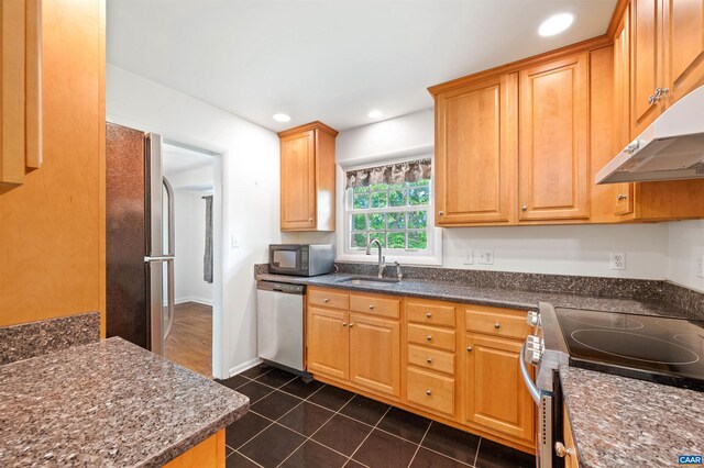 150 N Bennington Rd, Charlottesville, VA 22901 - kitchen featuring appliances with stainless steel finishes, a sink, dark tile patterned flooring, under cabinet range hood, and recessed lighting