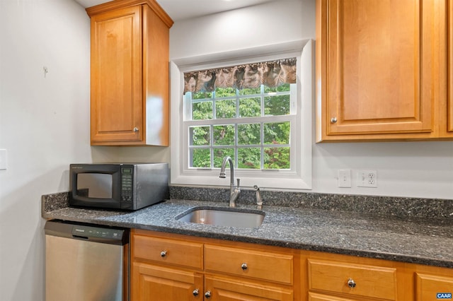 150 N Bennington Rd, Charlottesville, VA 22901 - kitchen featuring stainless steel dishwasher, a sink, black microwave, dark stone countertops, and brown cabinets