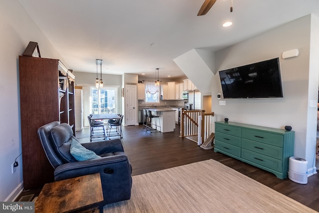 104 Overlook Dr, Hanover, PA 17331 - living room with dark wood-type flooring, ceiling fan, recessed lighting, and baseboards
