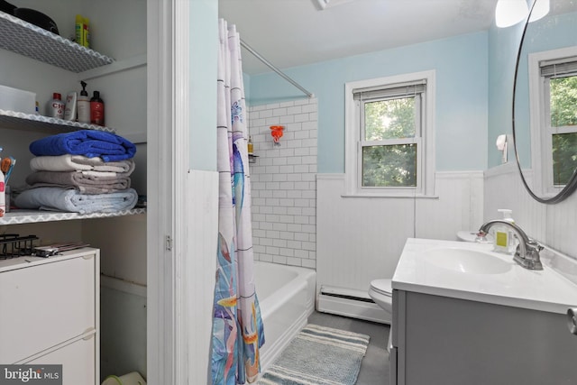 10317 Beaumont St, Fairfax, VA 22030 - full bath with a baseboard radiator, vanity, a wainscoted wall, toilet, and shower / tub combo with curtain