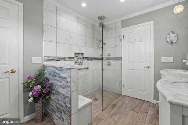 3604 Haystack Ln, Bensalem, PA 19020 - bathroom featuring walk in shower, wood finished floors, ornamental molding, recessed lighting, and vanity