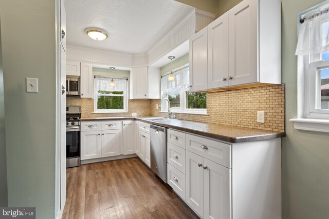 kitchen with a sink, appliances with stainless steel finishes, white cabinets, dark wood finished floors, and backsplash