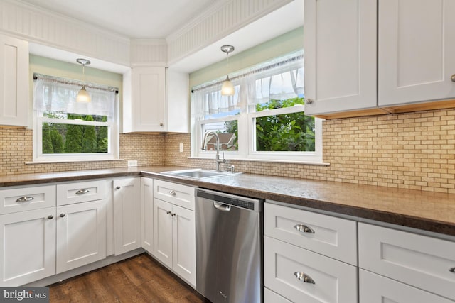 kitchen featuring stainless steel dishwasher, a sink, white cabinetry, dark wood-style flooring, and decorative light fixtures