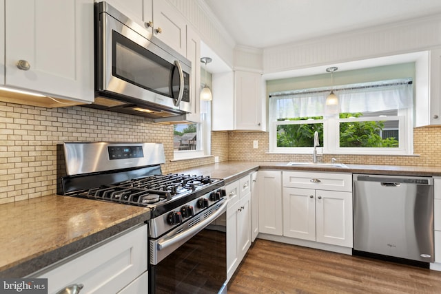 kitchen featuring appliances with stainless steel finishes, a sink, white cabinets, backsplash, and wood finished floors