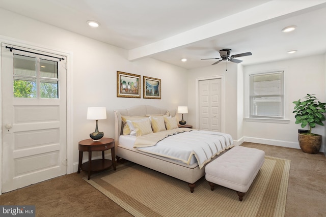 bedroom featuring carpet floors, baseboards, recessed lighting, a closet, and beam ceiling