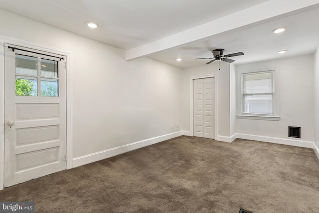 unfurnished bedroom featuring carpet flooring, baseboards, recessed lighting, a closet, and a ceiling fan