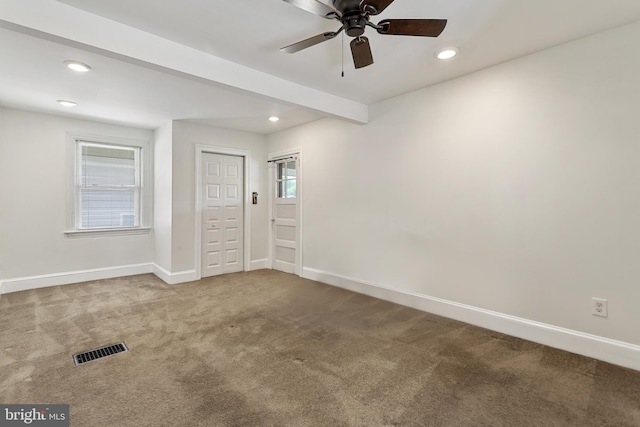 empty room with carpet floors, recessed lighting, baseboards, and ceiling fan