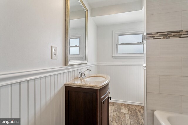 full bath featuring plenty of natural light, vanity, and wainscoting