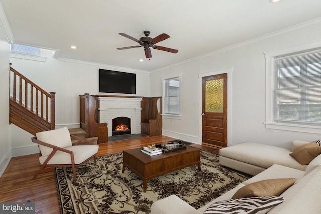 living room featuring wood finished floors, ornamental molding, ceiling fan, baseboards, and stairs
