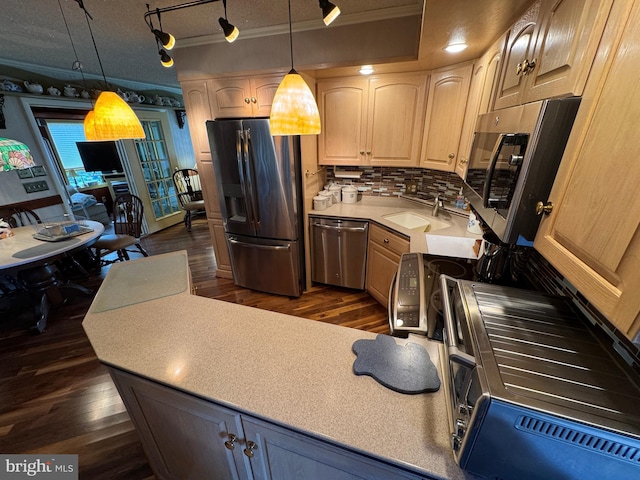 1472 Bearcat Cv, Auburn, PA 17922 - kitchen with stainless steel appliances, a sink, rail lighting, dark wood-type flooring, and ornamental molding
