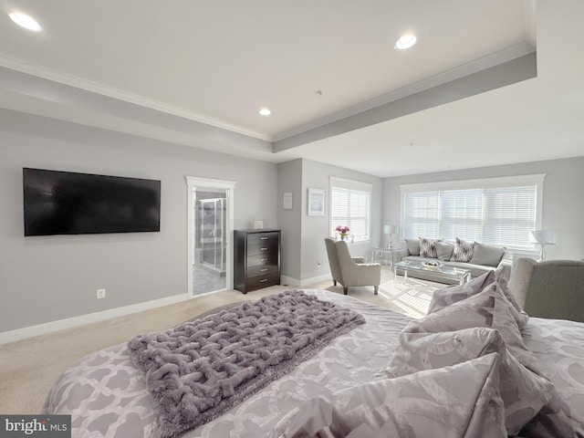 18030 Stump St, Dumfries, VA 22026 - bedroom featuring crown molding, light carpet, recessed lighting, baseboards, and a tray ceiling