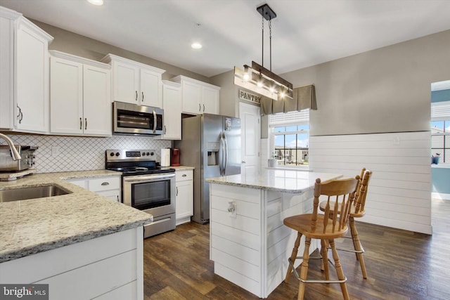 31 Holstein Dr, Hanover, PA 17331 - kitchen with stainless steel appliances, a sink, white cabinetry, dark wood-style flooring, and decorative backsplash