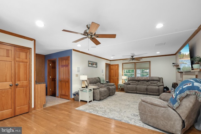 3 Franklin St, Stafford, VA 22556 - living room with ceiling fan, ornamental molding, light wood-style flooring, and recessed lighting