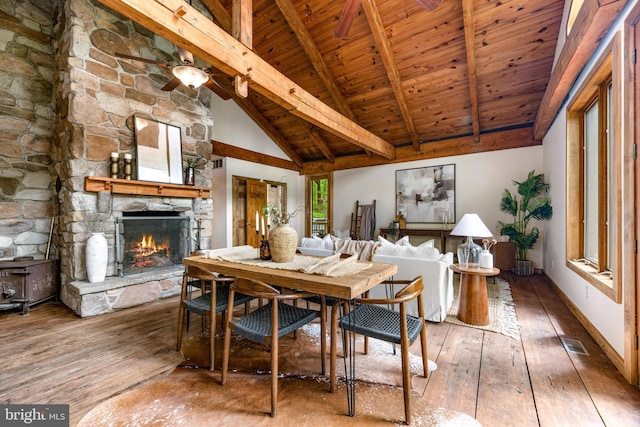 14854 Trout School Rd, Felton, PA 17322 - dining space featuring wood-type flooring, wooden ceiling with exposed beams, a stone fireplace, baseboards, and ceiling fan