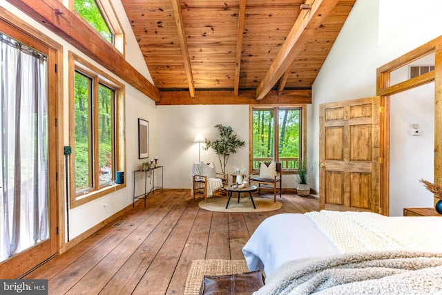 14854 Trout School Rd, Felton, PA 17322 - bedroom with multiple windows, hardwood / wood-style flooring, wood ceiling with exposed beams, baseboards, and high vaulted ceiling