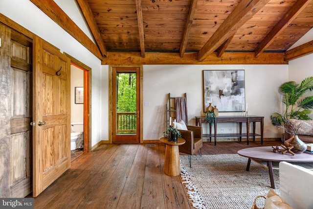 14854 Trout School Rd, Felton, PA 17322 - living area featuring wood ceiling, hardwood / wood-style floors, and baseboards
