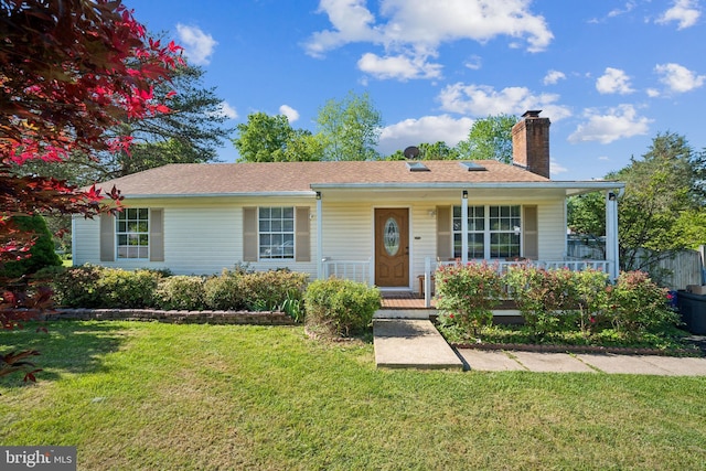 9185 Winterset Dr, Manassas, VA 20110 - ranch-style home featuring a chimney, a porch, and a front lawn