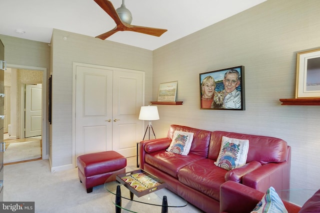 440 Belmont Bay Dr Unit 406, Woodbridge, VA 22191 - carpeted living area with a ceiling fan, wallpapered walls, and baseboards