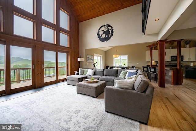 311 Summit Woods Dr, Mc Henry, MD 21541 - living area with high vaulted ceiling, light wood-type flooring, wood ceiling, a mountain view, and recessed lighting