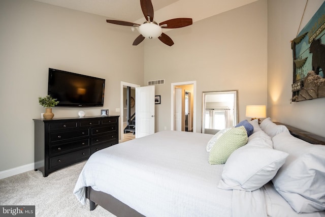 311 Summit Woods Dr, Mc Henry, MD 21541 - bedroom featuring a towering ceiling, light carpet, baseboards, and a ceiling fan