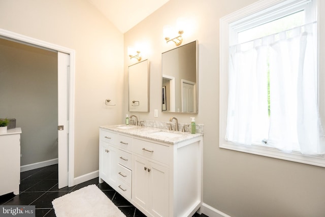 311 Summit Woods Dr, Mc Henry, MD 21541 - full bathroom with healthy amount of natural light, double vanity, vaulted ceiling, tile patterned flooring, and baseboards