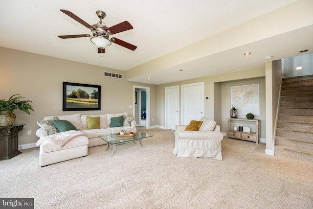 311 Summit Woods Dr, Mc Henry, MD 21541 - carpeted living room with stairway, a ceiling fan, baseboards, and recessed lighting