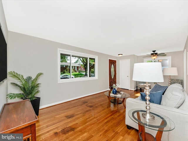 2820 Harris Ave, Silver Spring, MD 20902 - living room featuring wood finished floors, ceiling fan, and baseboards