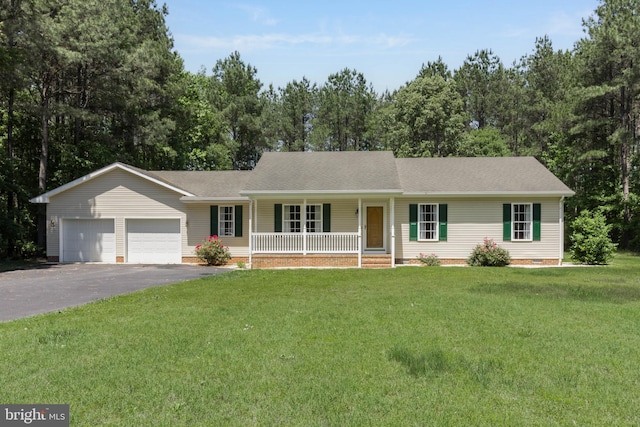 14323 Shiloh Church Rd, Laurel, DE 19956 - single story home with a porch, asphalt driveway, a garage, a front yard, and a shingled roof