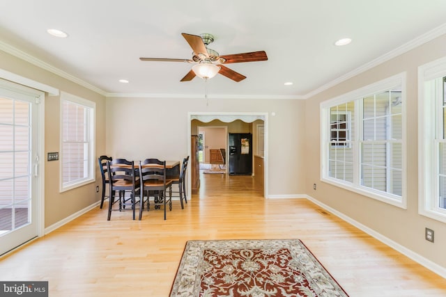14323 Shiloh Church Rd, Laurel, DE 19956 - dining room featuring light wood finished floors, a ceiling fan, baseboards, recessed lighting, and ornamental molding