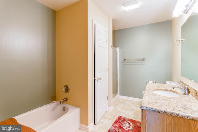 14323 Shiloh Church Rd, Laurel, DE 19956 - bathroom with a shower with shower door, vanity, a bathtub, and baseboards