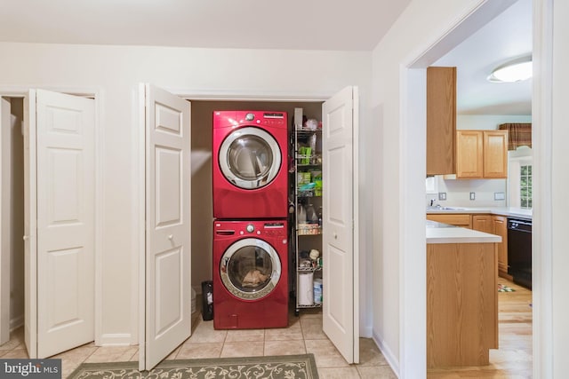14323 Shiloh Church Rd, Laurel, DE 19956 - washroom featuring stacked washer / drying machine, light tile patterned flooring, and baseboards