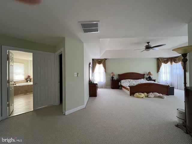 4718 Village Dr, Fairfax, VA 22030 - bedroom featuring light colored carpet, baseboards, ensuite bathroom, and ceiling fan