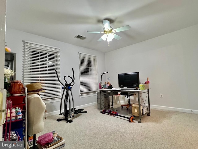 4718 Village Dr, Fairfax, VA 22030 - workout area featuring carpet, a ceiling fan, and baseboards