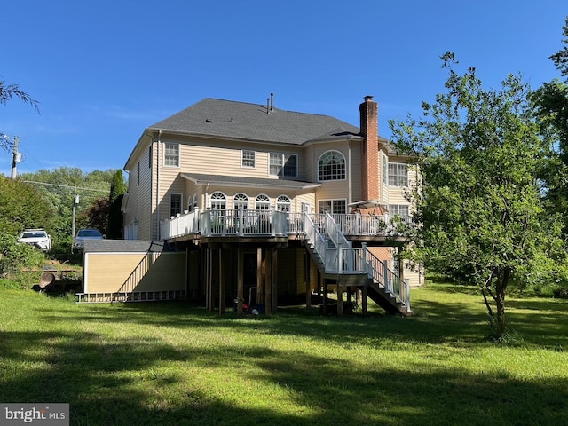 4718 Village Dr, Fairfax, VA 22030 - back of property with stairs, a wooden deck, a chimney, and a yard