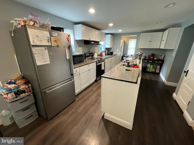 12808 New Row Rd, Mount Savage, MD 21545 - kitchen featuring stainless steel appliances, white cabinets, recessed lighting, dark wood-style flooring, and under cabinet range hood