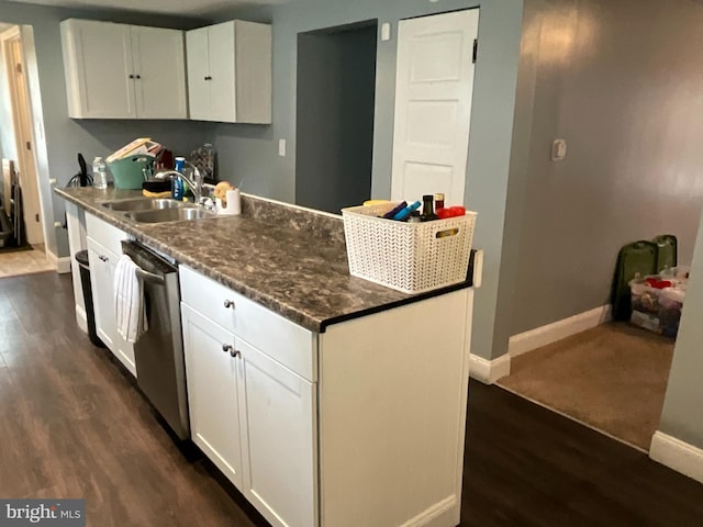 12808 New Row Rd, Mount Savage, MD 21545 - kitchen featuring stainless steel dishwasher, baseboards, dark wood finished floors, and white cabinets