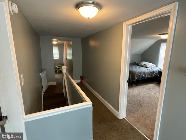 12808 New Row Rd, Mount Savage, MD 21545 - hallway featuring an upstairs landing, carpet flooring, radiator, and baseboards