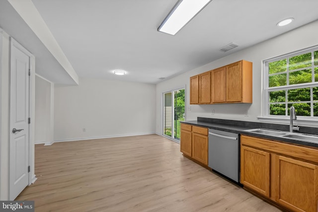 146 Bobbys Branch Rd Unit 71, Millsboro, DE 19966 - kitchen featuring stainless steel dishwasher, a sink, light wood-style flooring, dark countertops, and brown cabinetry