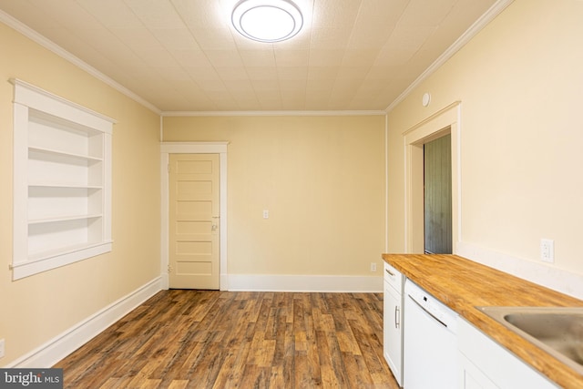 89 Main St N, Kilmarnock, VA 22482 - kitchen with ornamental molding, white cabinetry, dark wood-type flooring, dishwasher, and wooden counters